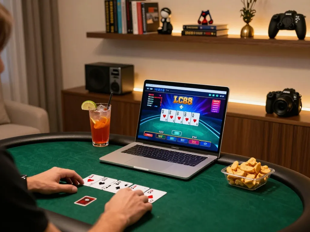 Experience exciting gameplay at the LC88 club as a player engages in a dynamic poker game on a laptop, surrounded by a cozy setup
