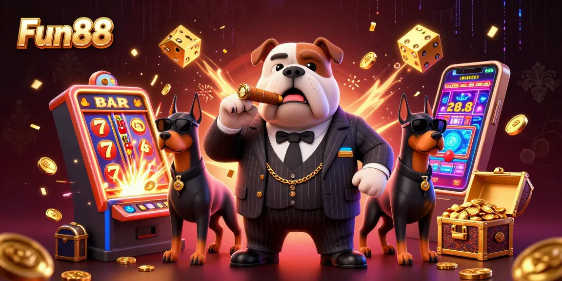Win big at Fun88 with a lively scene featuring a cartoon mafia boss and thrilling casino elements.