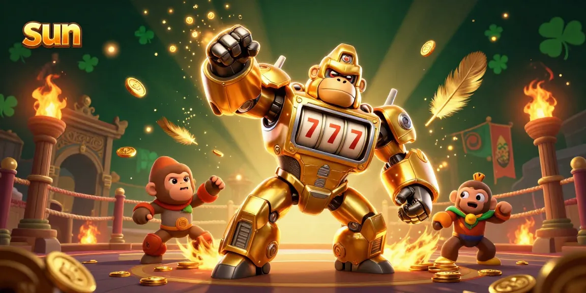 Sun-themed 3D illustration of a golden mech gorilla, engaging in dynamic casino action.