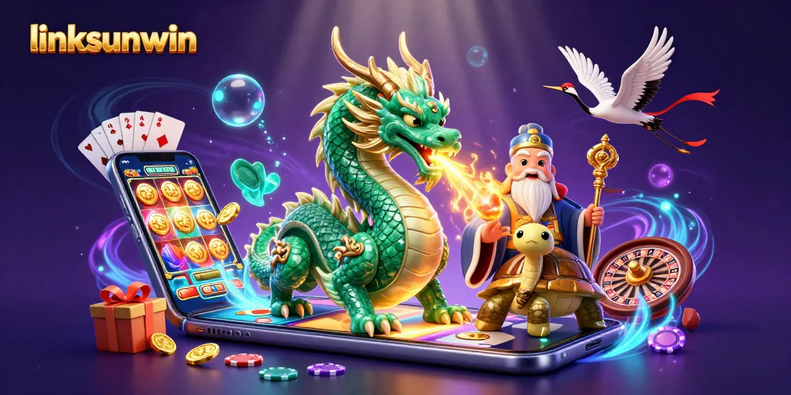 Engage with linksunwin's thrilling gambling adventure featuring a dragon, turtle, and lucky cranes.