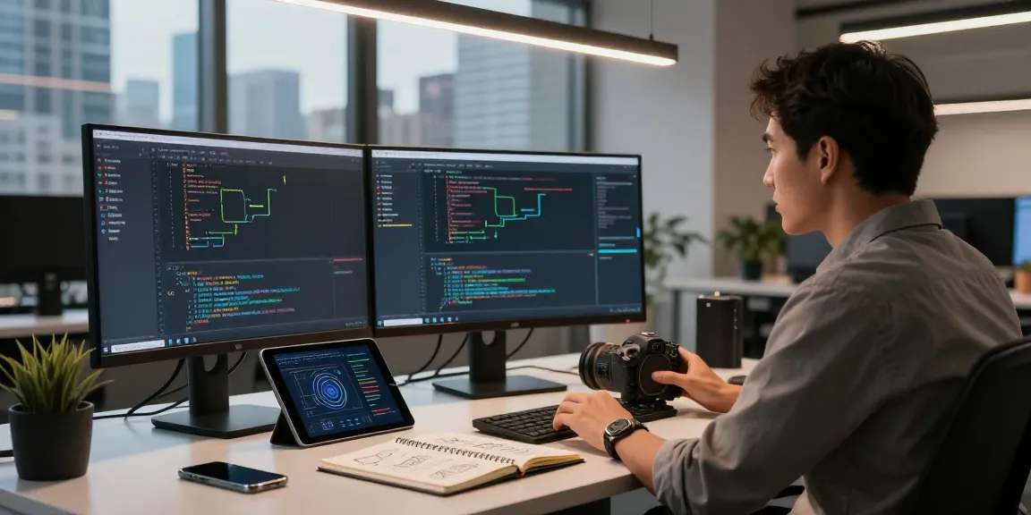 快连 software developer coding in a modern tech workspace with multiple screens and gadgets.