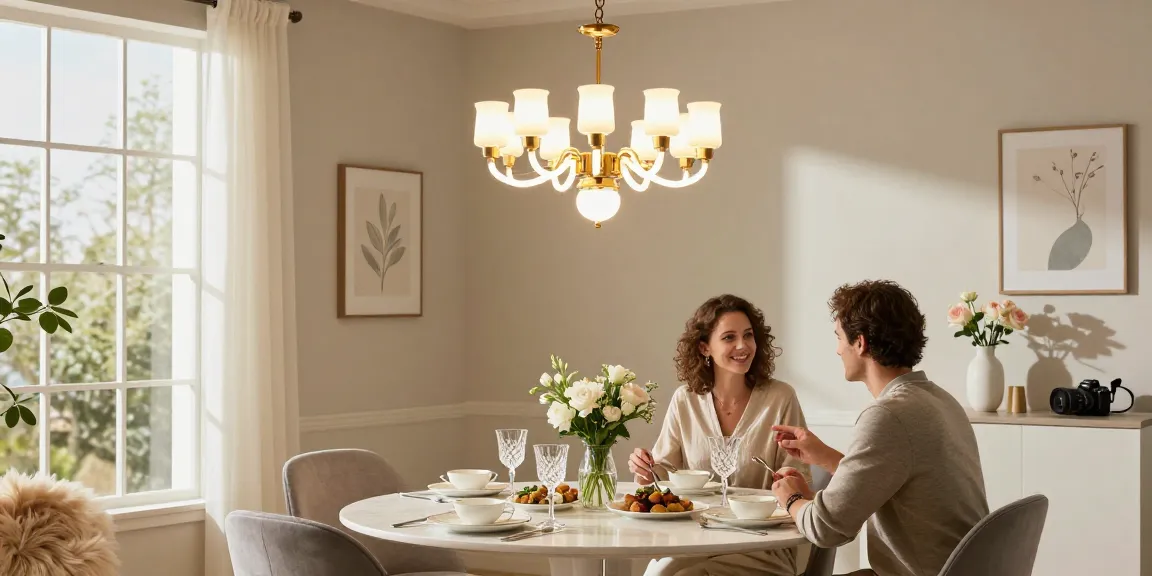 Iluminare elegantă cu candelabre led în dining, masă frumos aranjată și atmosferă caldă.