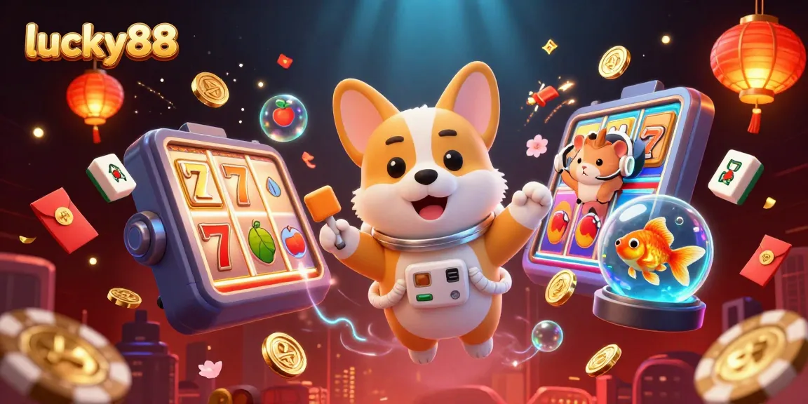 Play lucky88 in vibrant casino-themed illustration featuring an astronaut corgi, interactive slot elements, and gold coins.