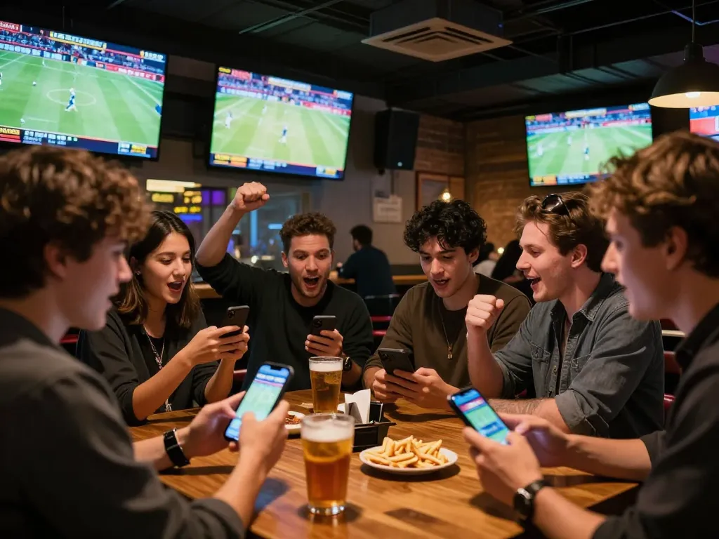 Friends enthusiastically placing bets on sports events at 7m-7m, enjoying a lively atmosphere.