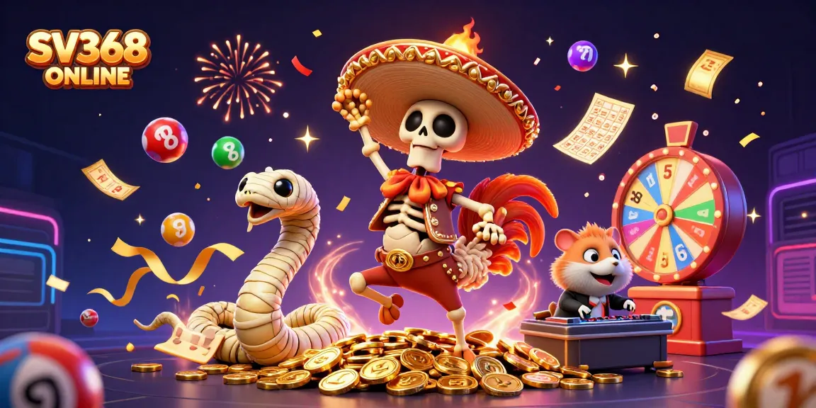 Engage with SV368 ONLINE featuring a mariachi rooster celebrating amidst vibrant casino elements.