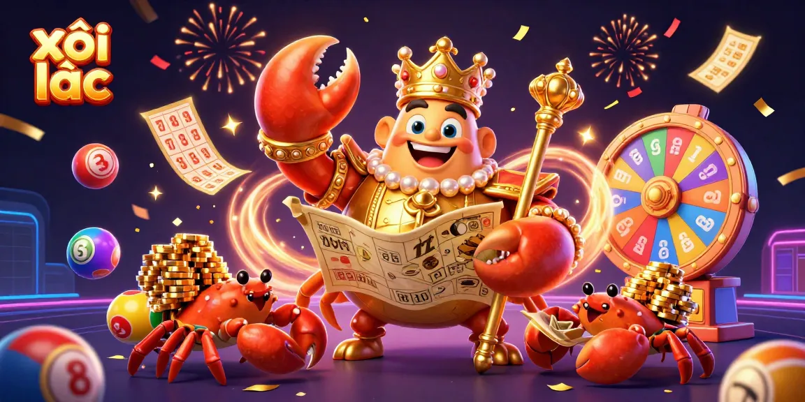 Experience xôi lạc with the emperor crab surrounded by lottery elements and vibrant casino effects.