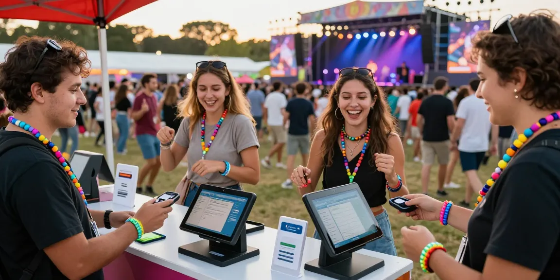 Festival attendees using pulseras con chip para eventos for seamless access and cashless payments at vibrant outdoor event.