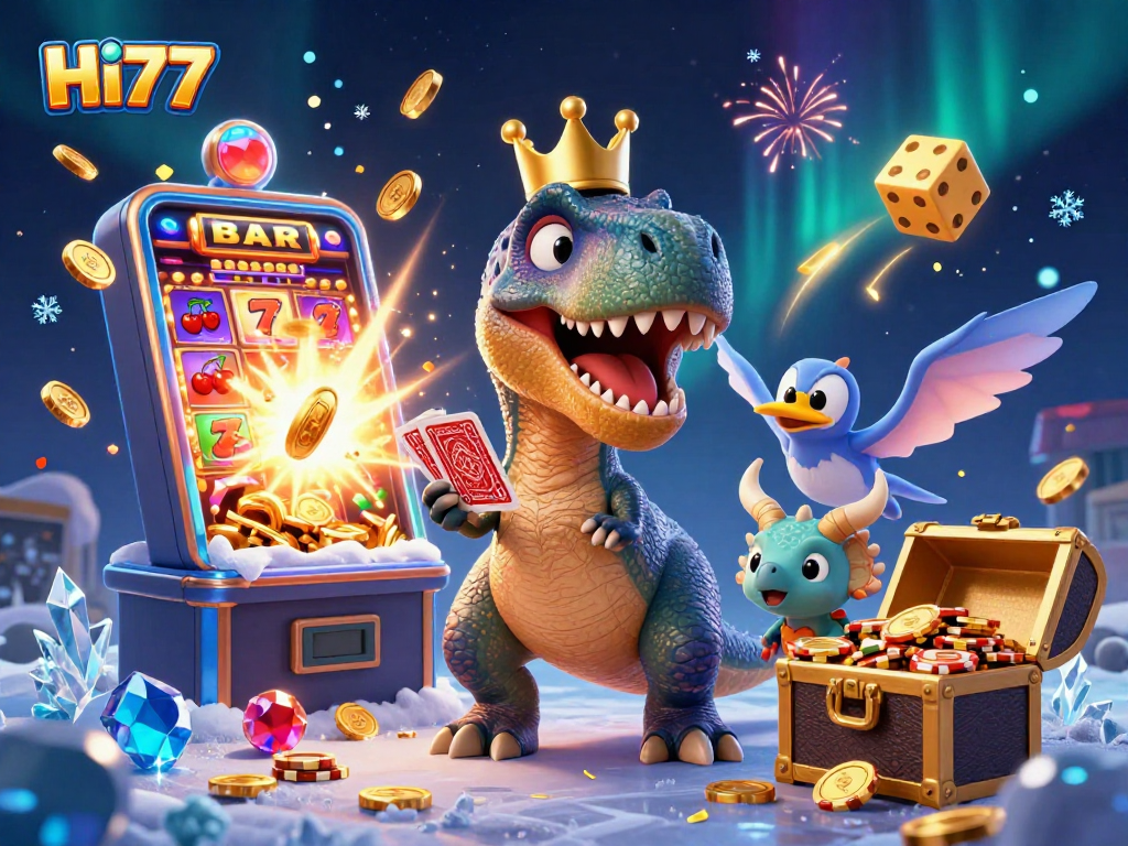 Engage with HI77 as a T-Rex plays cards and a baby triceratops stacks chips in a vibrant casino scene.