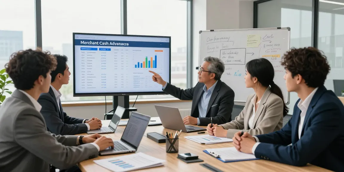 Team discussing merchant cash advance UK options in modern office setting, focusing on funding solutions for small businesses.