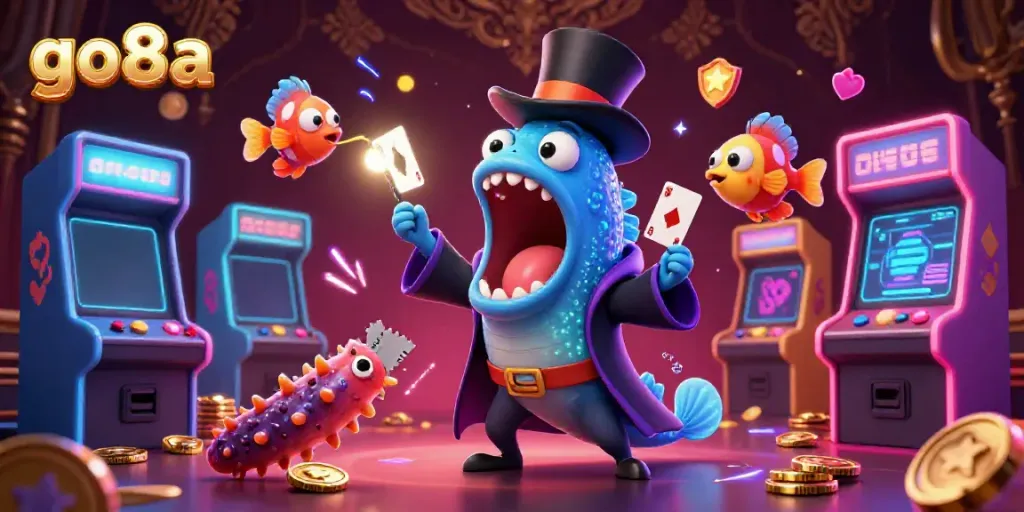 Experience the excitement of go8a with vibrant characters performing magic tricks in a dazzling casino-themed scene.