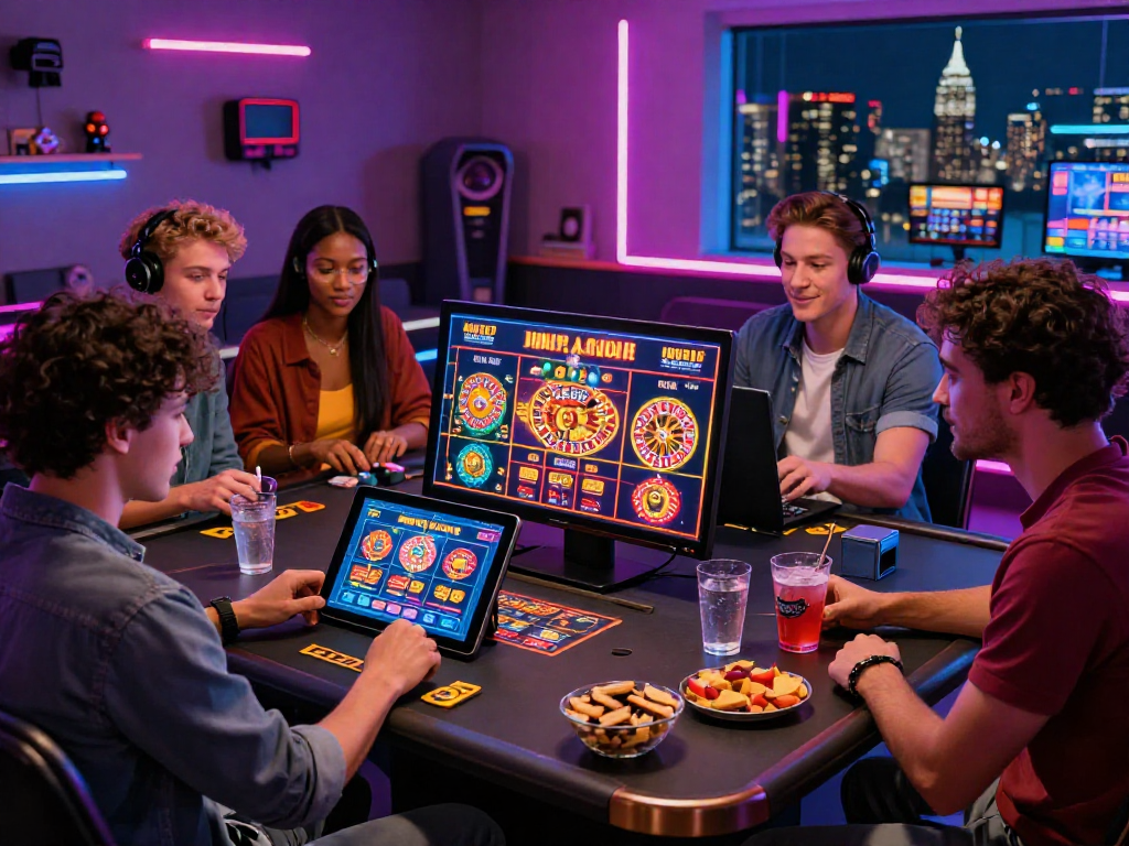Esperienza di casinò online non AAMS con amici che giocano insieme a diversi giochi su tablet, atmosfera vivace e coinvolgente.