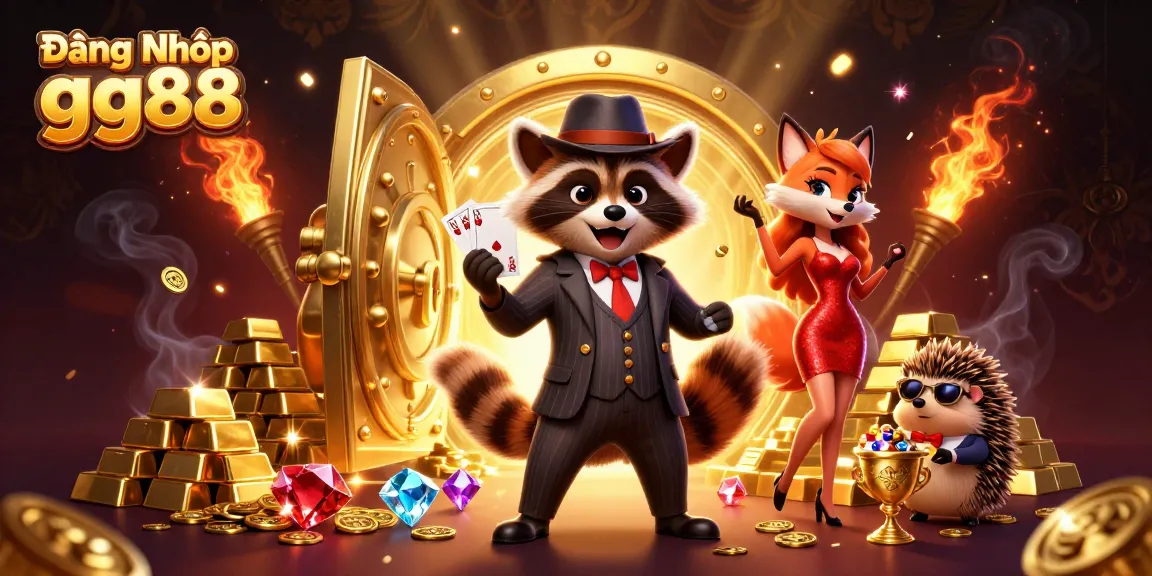 Winning big at Đăng Nhập gg88 with a suave raccoon, dazzling accessories, and bright casino elements.