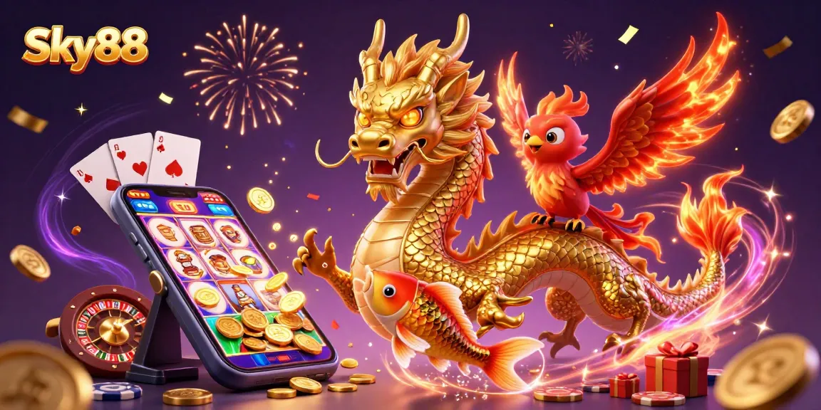 Spin the slots and seize your fortune with Sky88's magical dragon in a vibrant casino scene