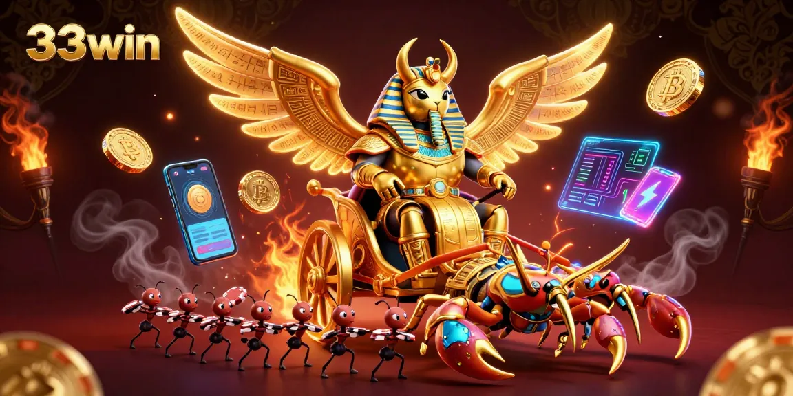 33win captures exciting casino action with a golden scarab beetle in pharaoh armor amidst crypto elements.