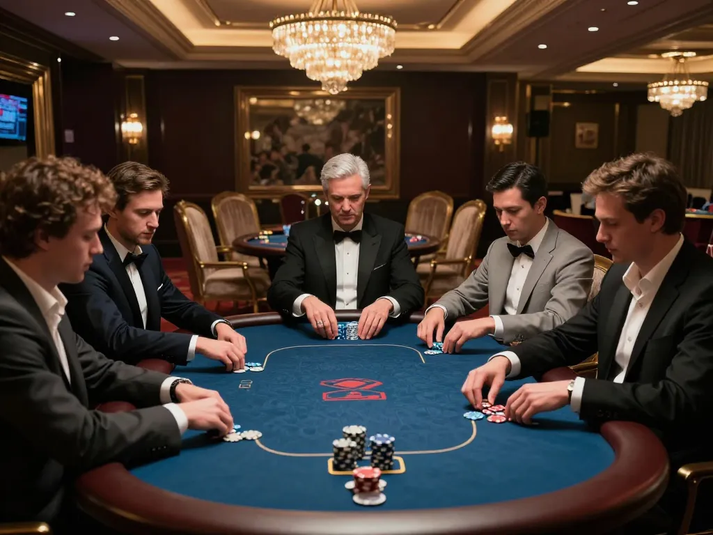 Kèo nhà cái in a luxury casino VIP area with players engaged in a high-stakes poker game.