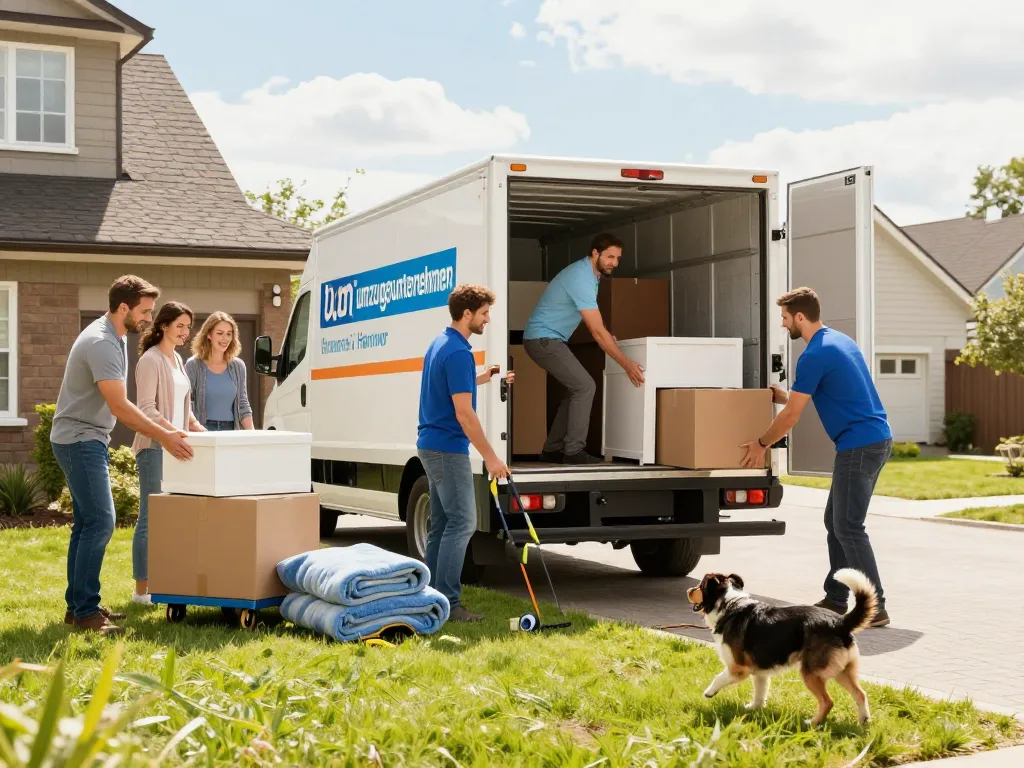 Stressfreier Umzug mit umzugsunternehmen Hannover, wo professionelle Umzugshelfer einen Lkw mit den Besitztümern einer Familie beladen.
