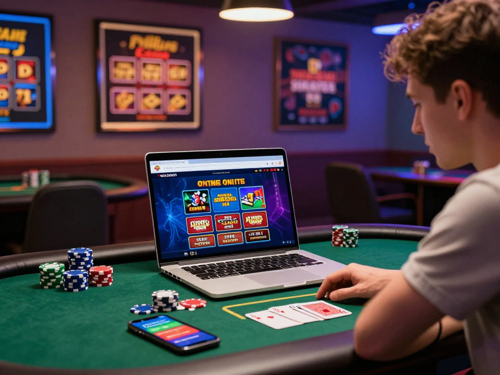 Un giocatore di casinò online non aams davanti al laptop con gioco di carte e fiches, atmosfera emozionante e accogliente