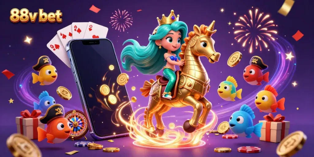 Experience the thrill of 88v bet with a colorful 3D illustration featuring a mermaid, seahorse, and vibrant casino elements.