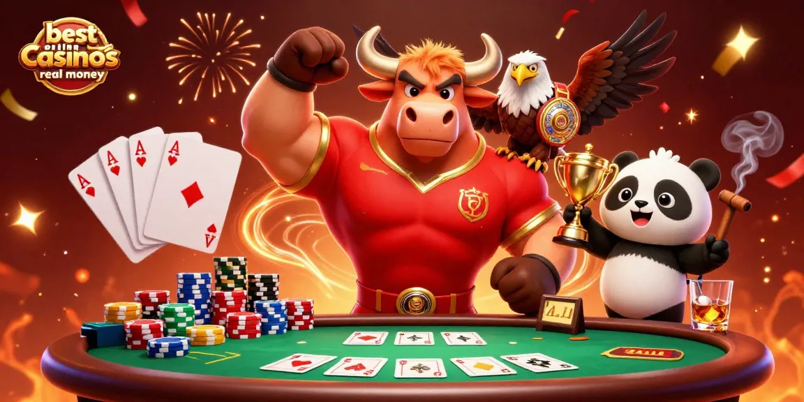 Celebrate with best online casinos real money featuring a bull, eagle, and panda in a vibrant casino scene