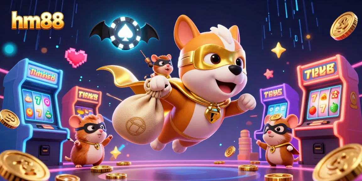 Play with hm88 in this vibrant casino scene featuring cartoon characters and slot reels!
