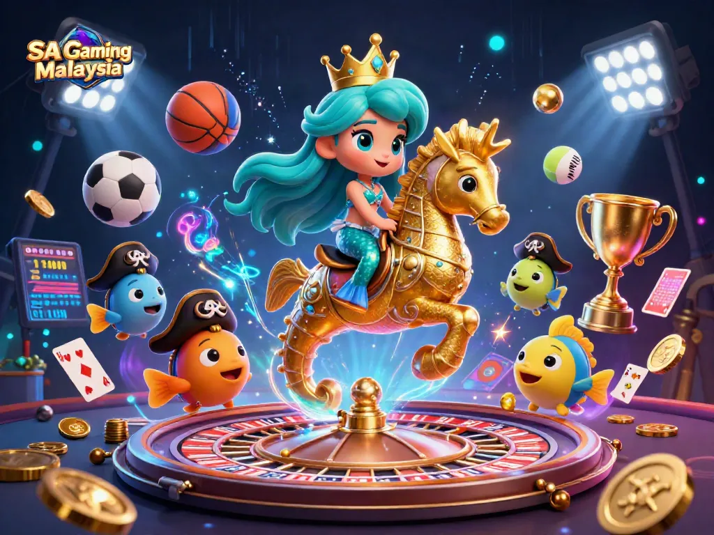 Experience SA Gaming Malaysia's vibrant live casino atmosphere with our colorful 3D illustration showcasing iconic casino elements.