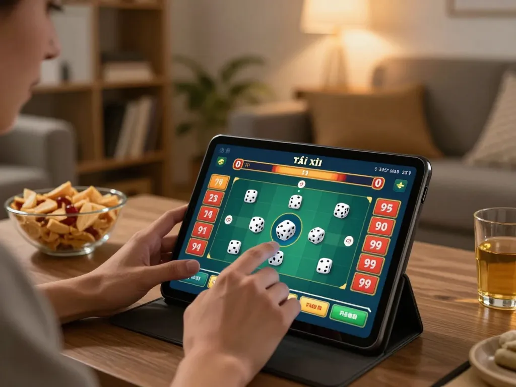 Engaging moment of playing tài xỉu online with tablet displaying dice game interface.