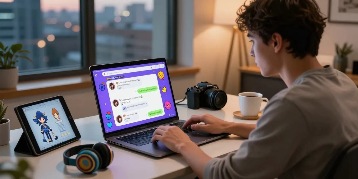 Engaging in nsfw ai chat on a laptop in a cozy home office, showcasing vibrant chat interfaces and custom character designs.