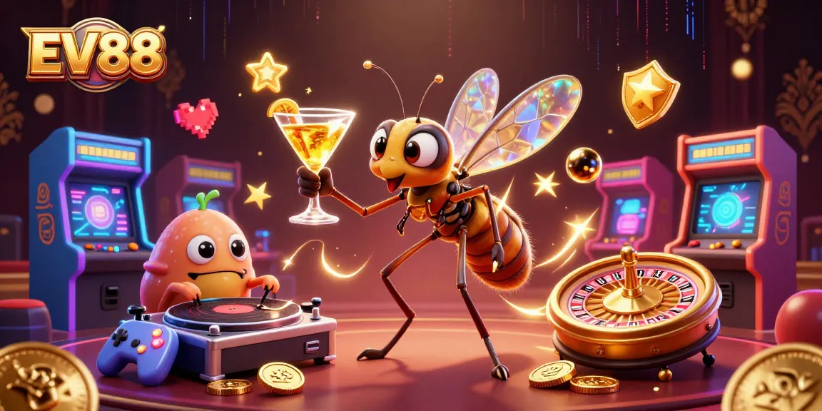 Experience EV88's vibrant casino atmosphere in a lively, cartoon-style scene with engaging characters and gaming elements.