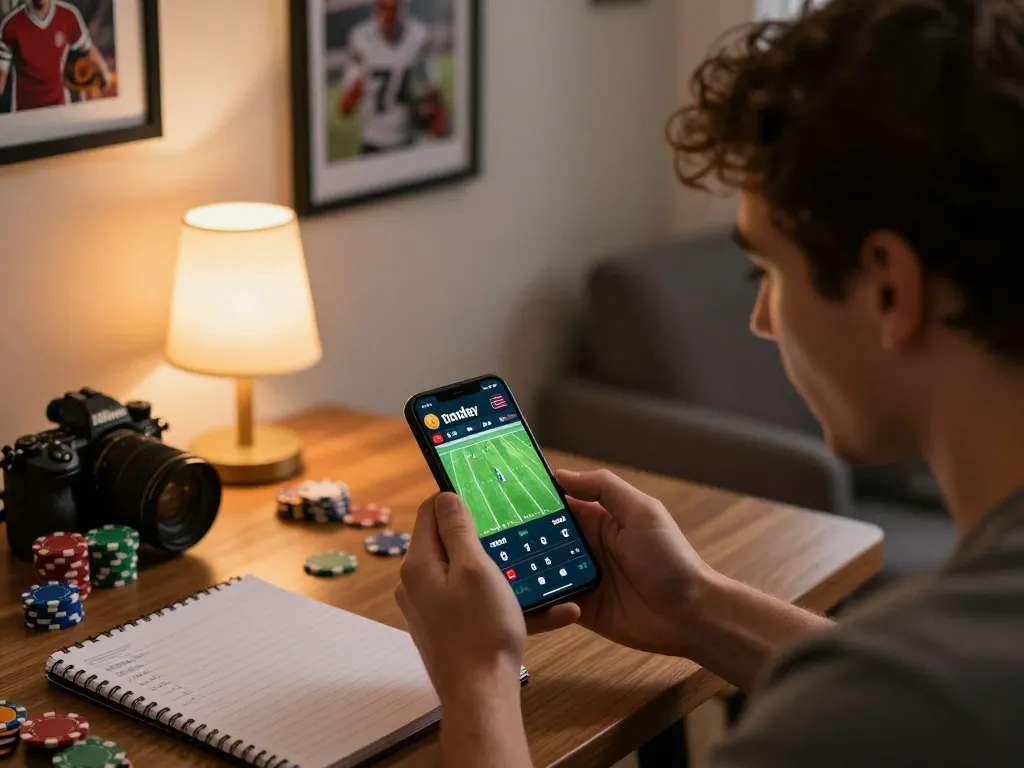 Tỷ lệ kèo nhà cái 5 displayed on smartphone while a gambler places bets at home
