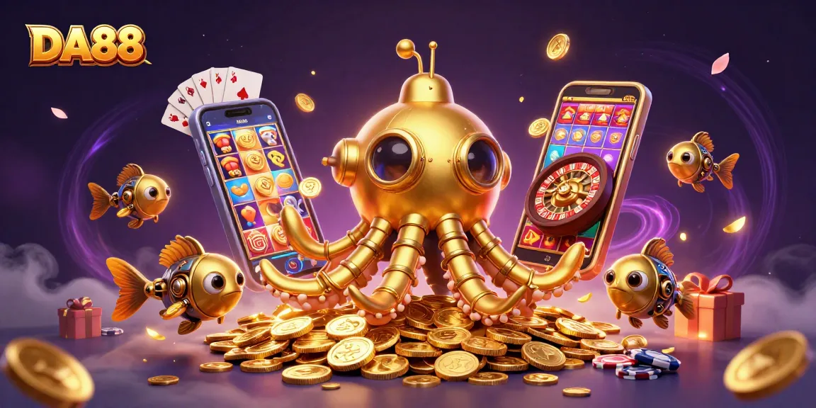 Engage with DA88 through vibrant slot games, coins, and a golden kraken submarine.