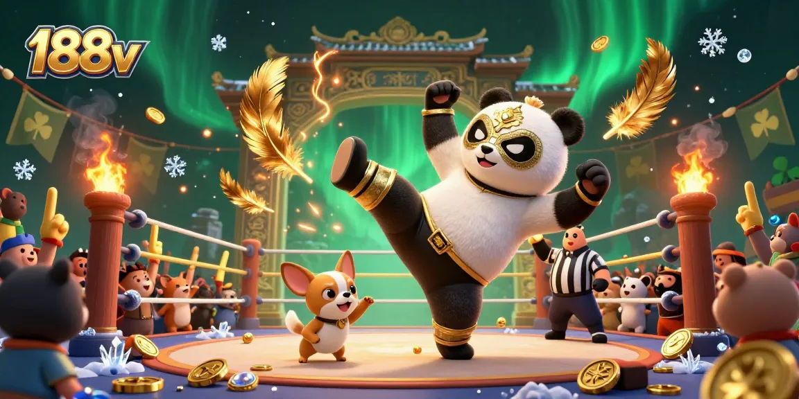Engage in thrilling action with 188v as the panda wrestler kicks off a lively casino match, surrounded by cheering fans.