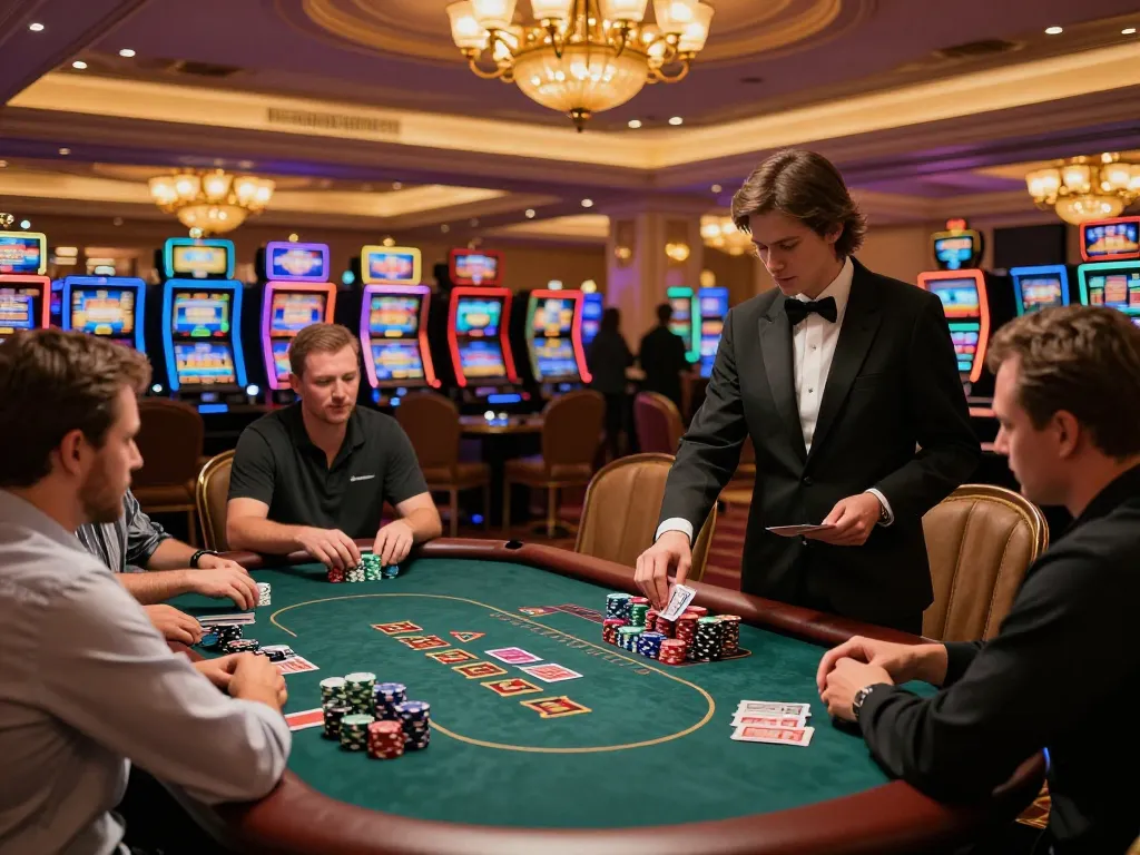 Daga players engaged in high-stakes poker at a vibrant casino table with chips stacked