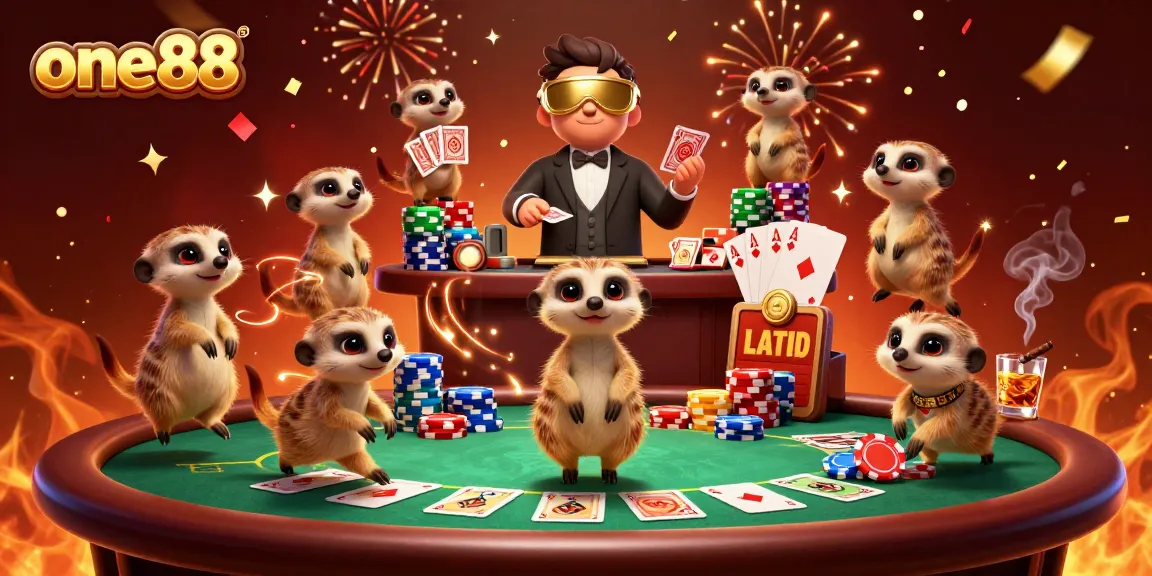 Experience the thrill of one88 with lively meerkat characters playing poker in a vibrant casino scene.