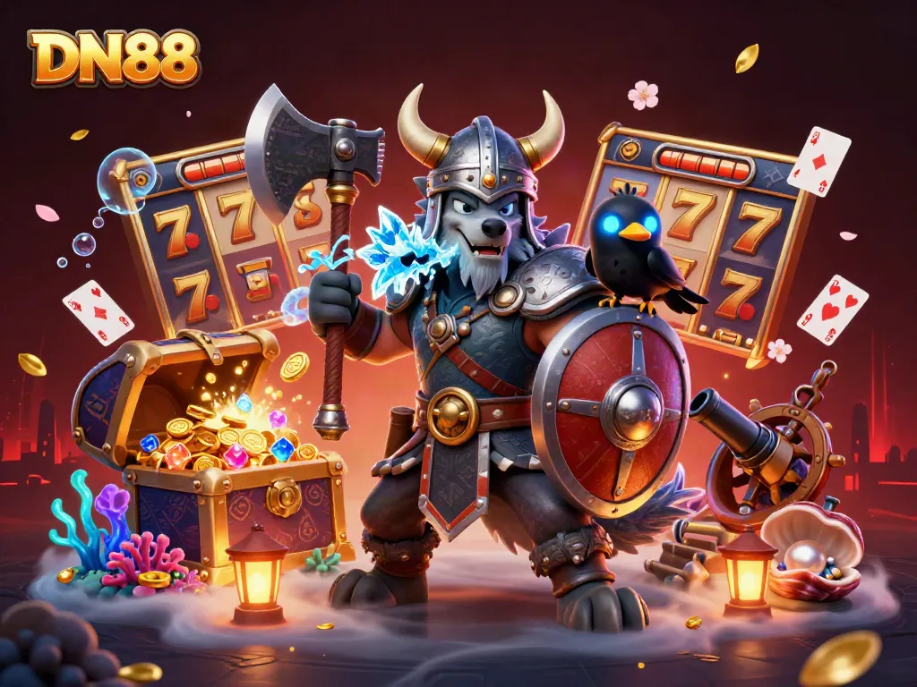 Engage with thrilling gameplay at DN88, featuring a Viking wolf warrior, dragon, and exciting slot symbols.