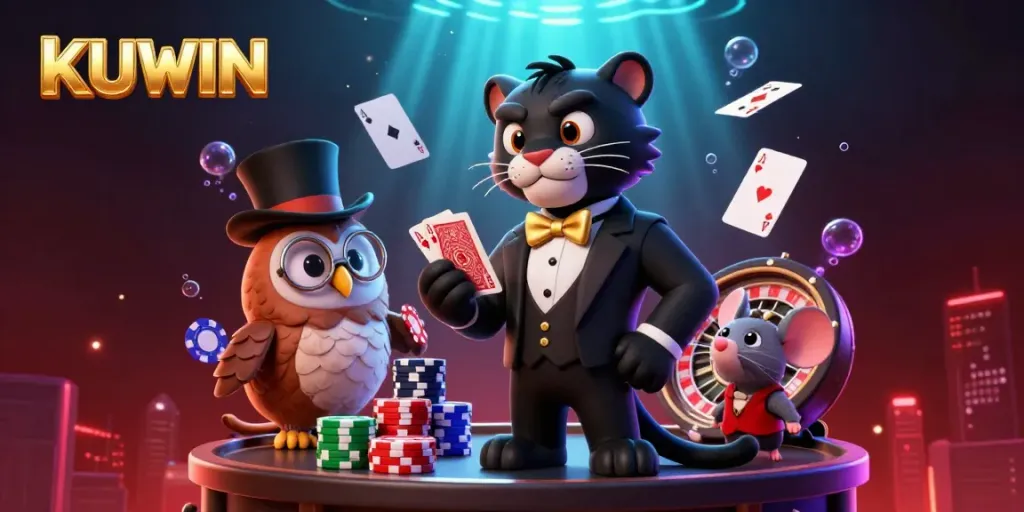 Join the action with KUWIN as a stylish panther deals cards amid vibrant casino excitement.
