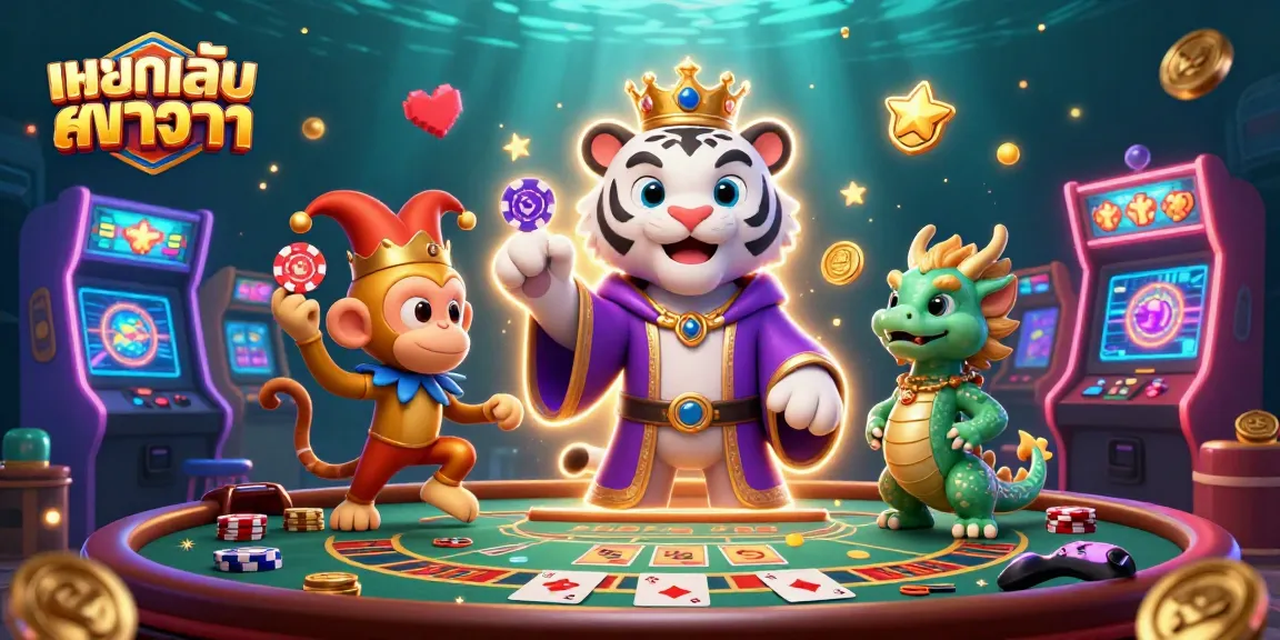 Experience ทดสอบเล่นบาคาร่า with a lively scene featuring a tiger, monkey, and dragon in a casino.