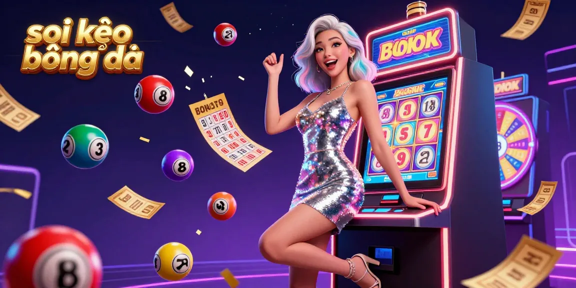 Soi kèo bóng đá as vibrant lottery balls bounce around a casino scene with a celebrating woman and jackpot slot machine.