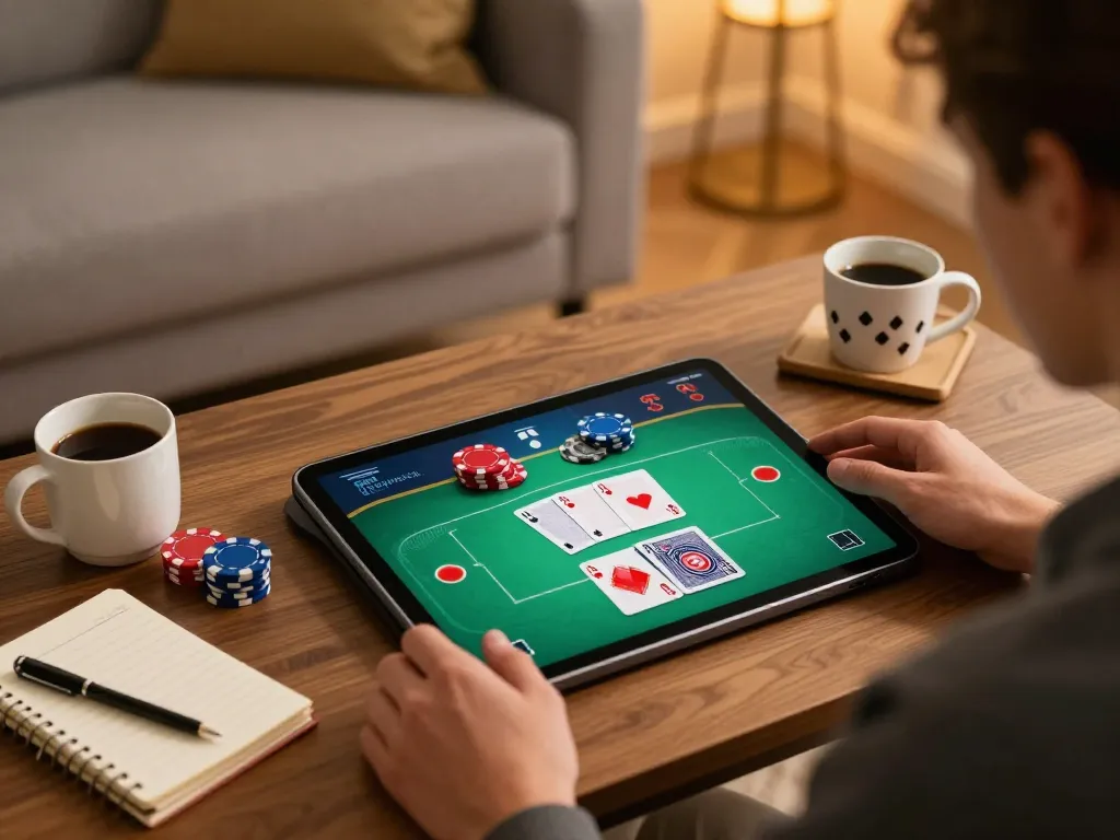 Player engaged in online poker game on tablet showcasing vin88lk in a cozy, modern gaming setup.