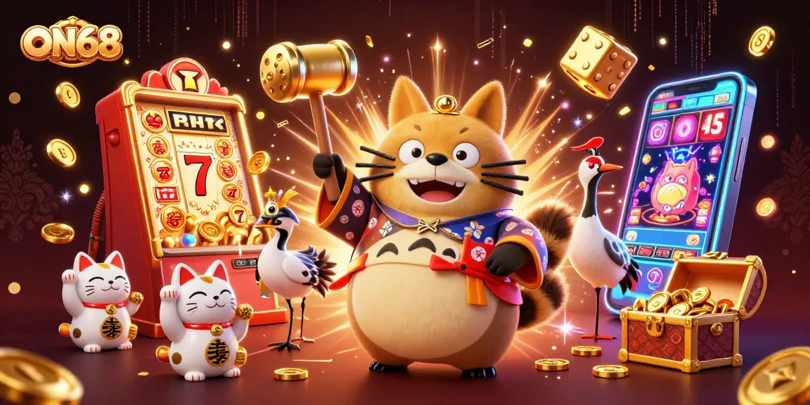 Join the excitement at ON68 with cheerful tanuki in a vibrant casino scene full of lucky symbols.
