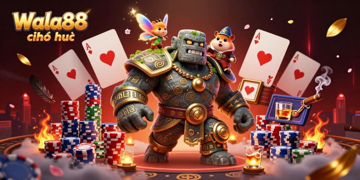Experience thrilling cockfighting action on Wala88 chính thức with an immersive illustration of a golem guardian and magical elements.