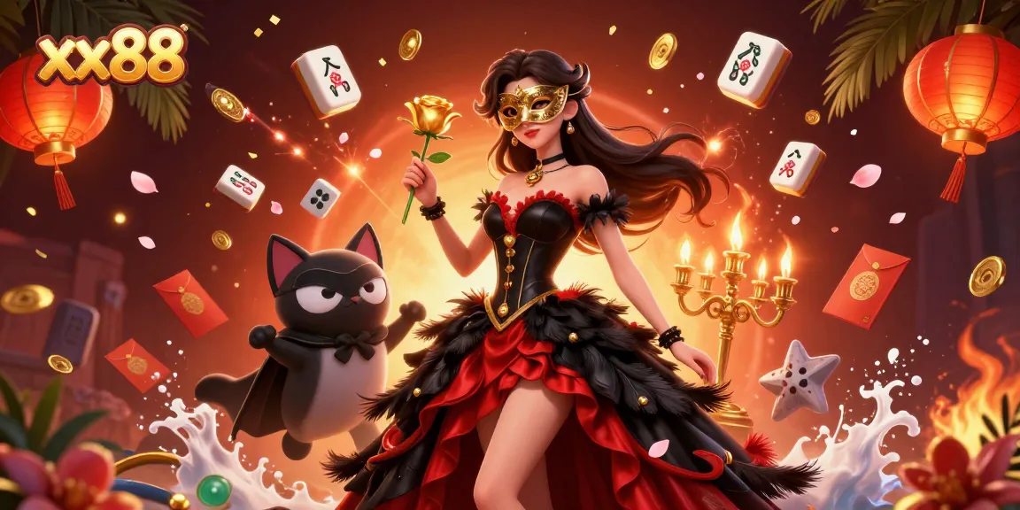 Engage with thrilling gameplay at xx88 featuring a stunning woman in a ballroom gown and her masked feline companion.