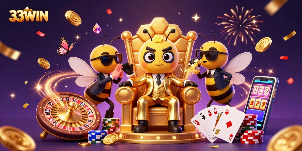 Engage with 33WIN's vibrant online casino scene featuring a cartoon bumblebee mob boss among dynamic game elements.