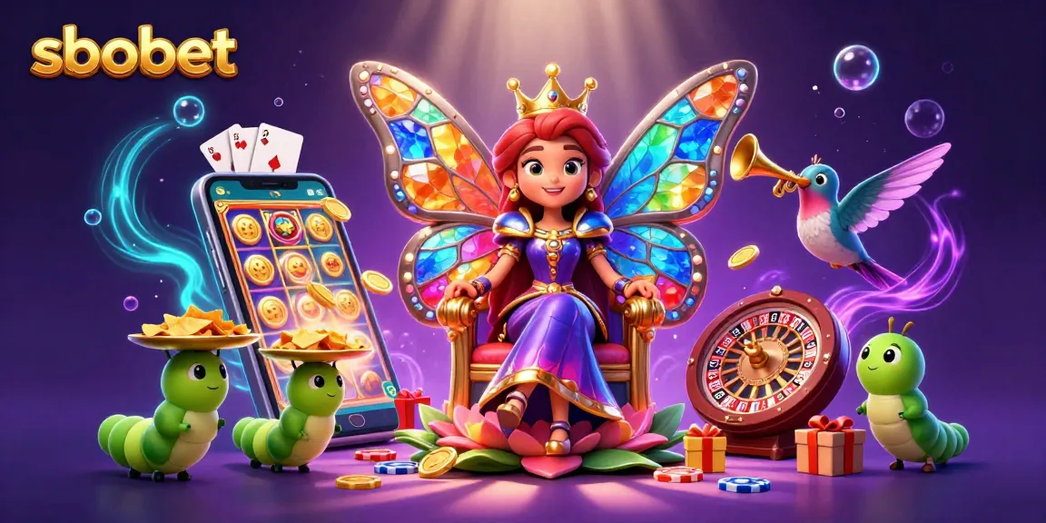 Experience sbobet's vibrant casino atmosphere with a whimsical butterfly queen and gaming excitement