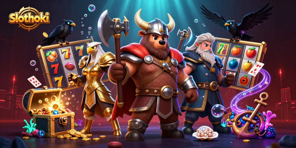 Gambarkan slothoki dengan Viking beruang dan elang bersenjata, aktif dalam permainan slot yang mengasyikkan.