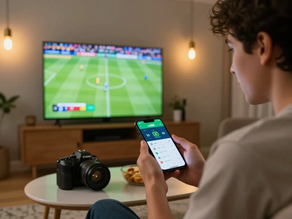 Person engaging with the uu88 app while watching a live football game and placing bets.