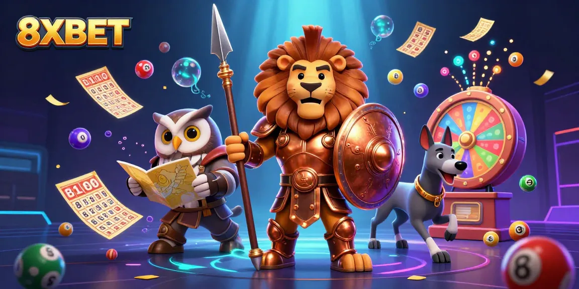 Experience thrilling gameplay at 8XBET with a lively scene of colorful lottery elements and heroic characters.