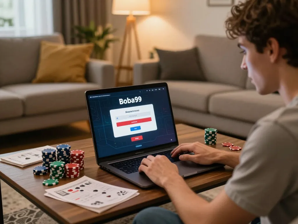 Antarmuka Login Boba99 yang ditampilkan selama sesi permainan online yang menarik di rumah, menampilkan catatan strategi pemain dan dekorasi yang nyaman.