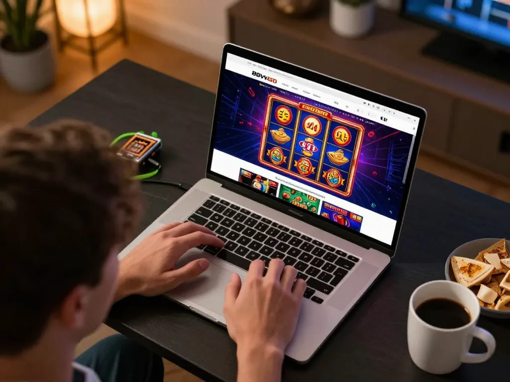Player enjoying a thrilling online gaming session on 88vvgo casino website in a cozy environment.