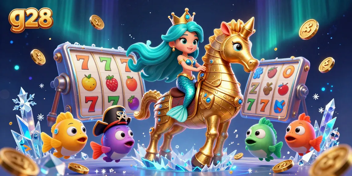 Experience thrilling g28 slots with a vibrant mermaid princess and her seahorse, surrounded by colorful game elements.