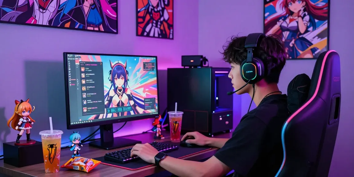 A person enjoying an ai ecchi chat in a vibrant gaming room filled with anime decor and energy drinks.